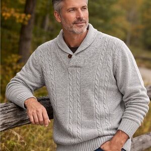 Damon Gray Shawl Neck Cable Knit Pure Wool Sweater